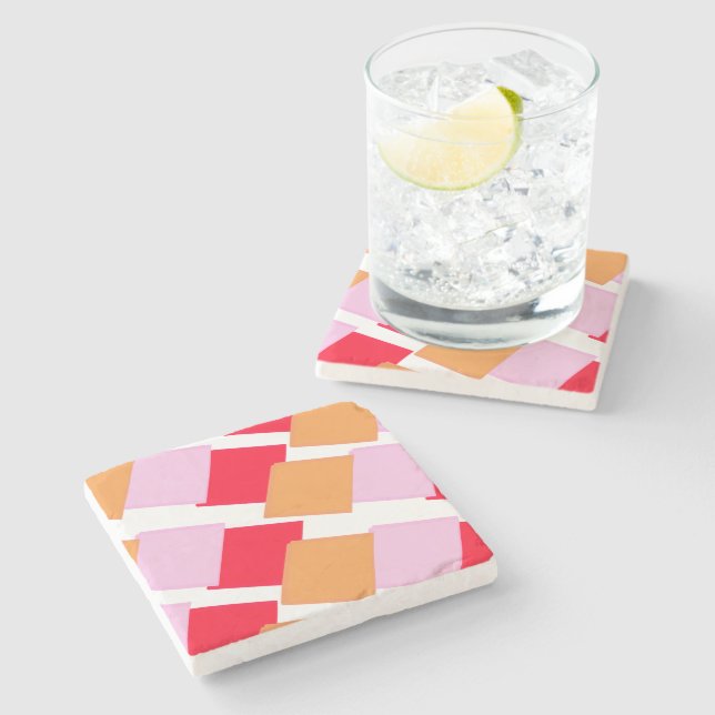 Whimiscal Squares Red Orange Pink  Stone Coaster (Side)