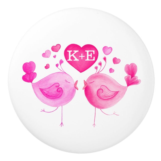 Whimiscal watercolor love birds art initials ceramic knob (Front)