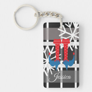 Whimisical Christmas Elf Feet Snowflakes Plaid Keychain