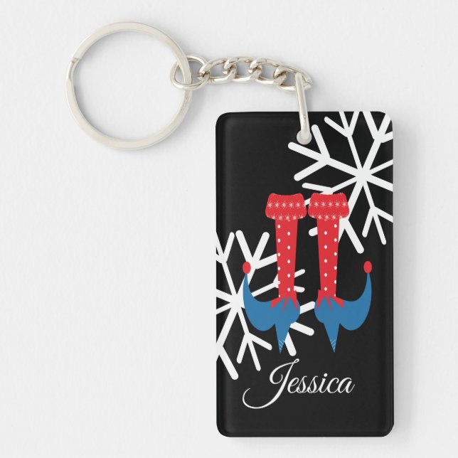 Whimisical Christmas Elf Feet Snowflakes Stocking Keychain (Front)