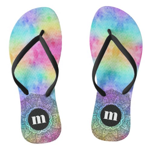 Whimisical Fun Colorful Monogram Initial Mandala Flip Flops