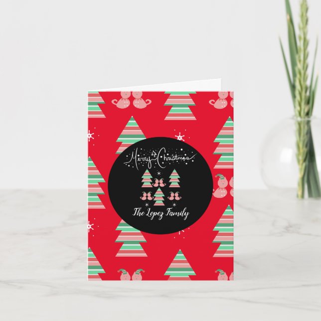 Whimisical Merry Christmas Cat Pattern Red Pink Thank You Card (Front)