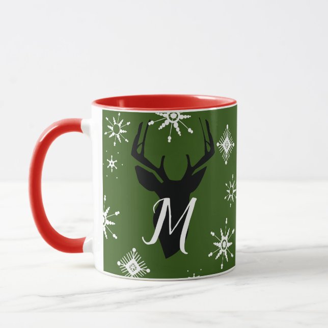 Whimisical Monogram Deer Snowflakes Christmas Mug (Left)
