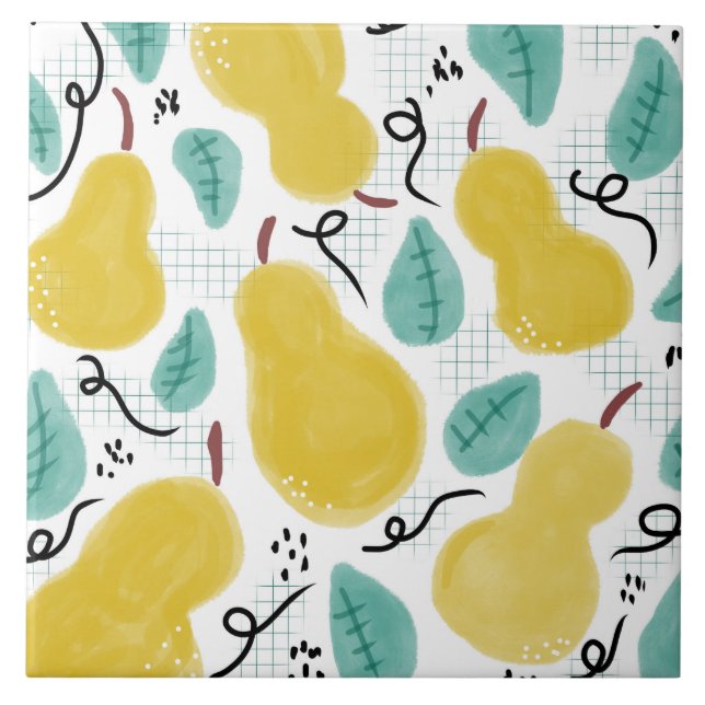 Whimisical Pear Pattern Illustration Ceramic Tile (Front)