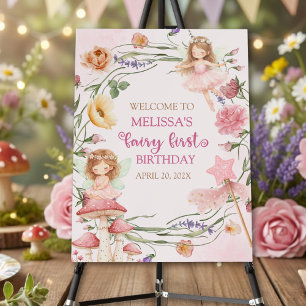 Whimisical Pink Floral Fairy First Girls Birthday  Foam Board