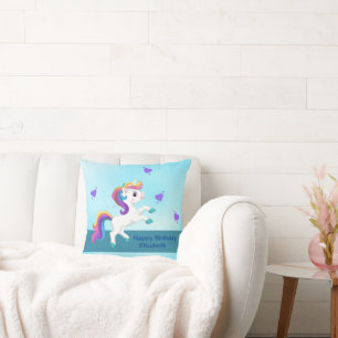 Whimisical Teal Unicorn Birthday Throw Pillow