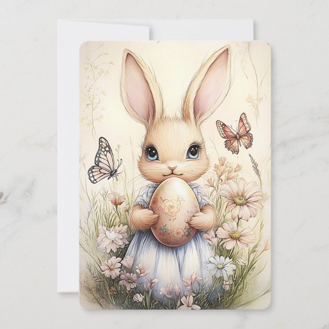Whimscal Easter Bunny Holding Egg in Wildflowers Holiday Card (Front)