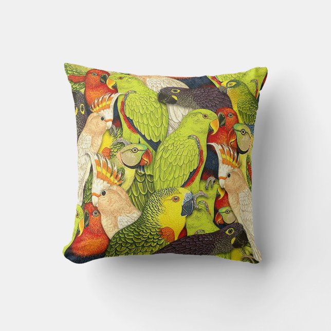 Whimscal Nature Green Parrots Birds Pattern Throw Pillow (Front)
