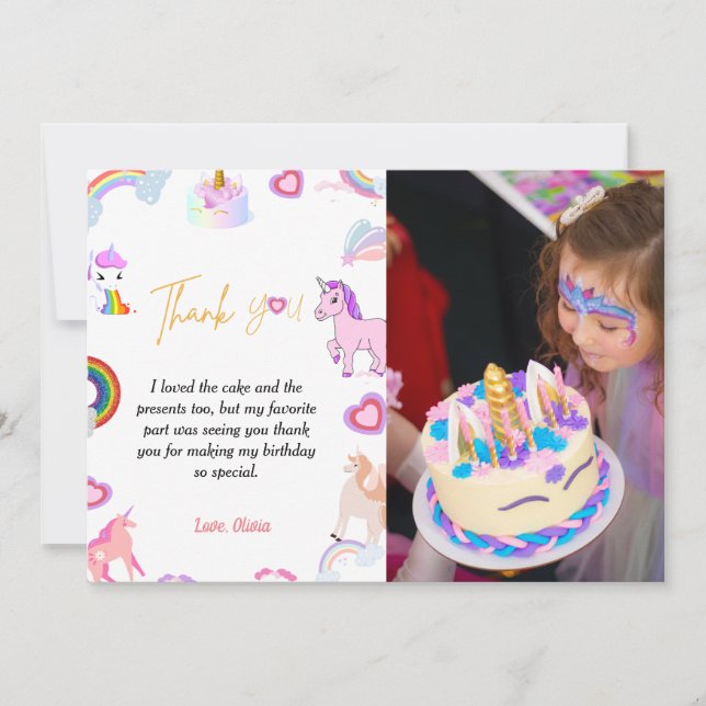 Whimscical script unicorn birthday thank you card (Front)