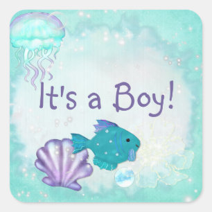 Whimsey Aquarium 2 Folk Art ITS A BOY GIRL Square Sticker