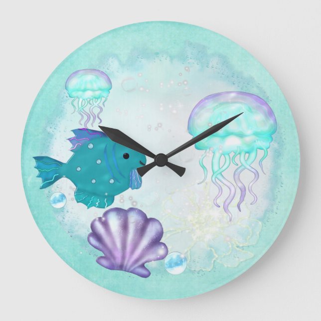 Whimsey Aquarium 2 Folk Art Large Clock (Front)