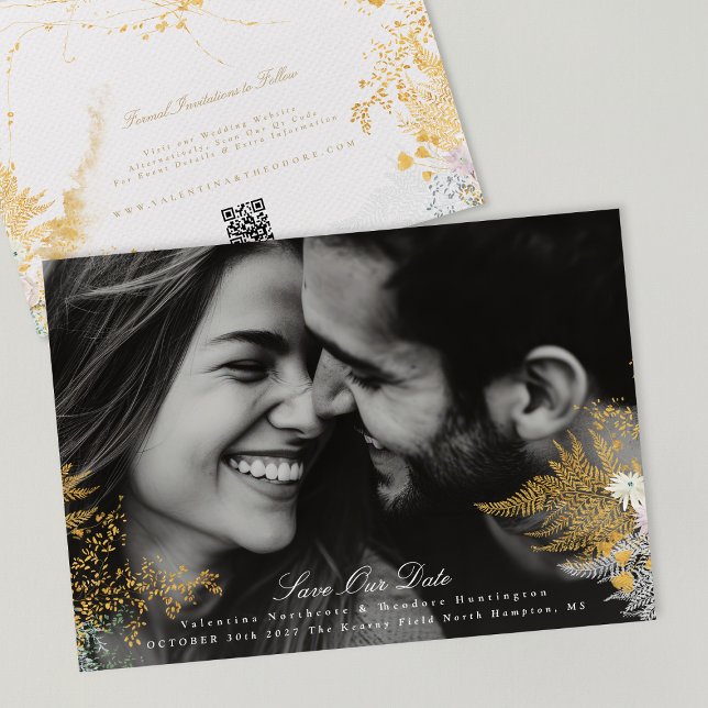 whimsey gold florals photo wedding website QR code Save The Date (Creator Uploaded)