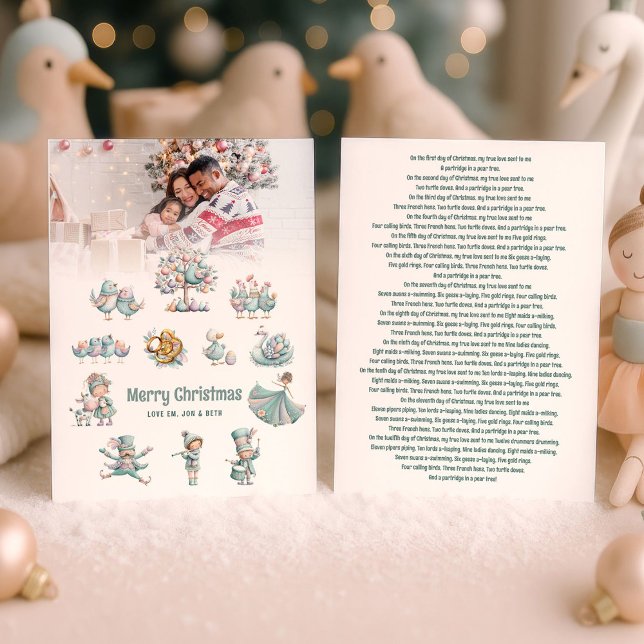 Whimsical 12 Days of Christmas Lyrics Photo Holiday Card (Front and back view)