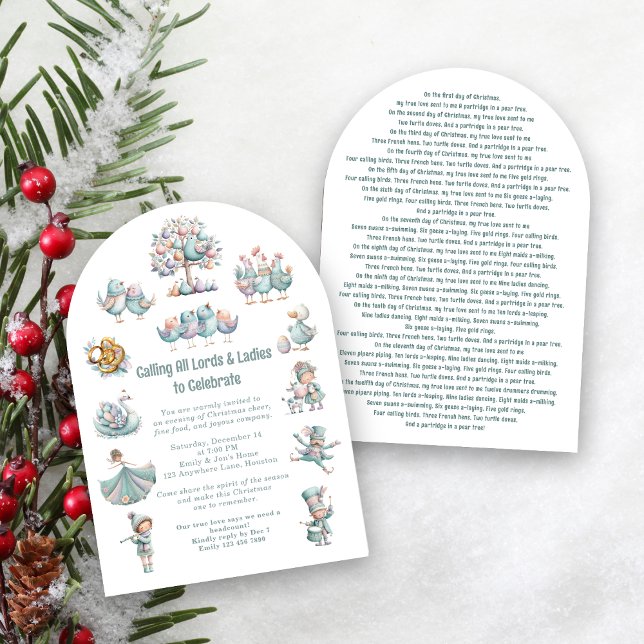 Whimsical 12 Days of Christmas Song White Invitation (Front and back view)