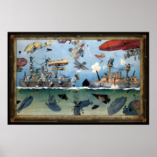 Whimsical 1909 Sea Battle Poster
