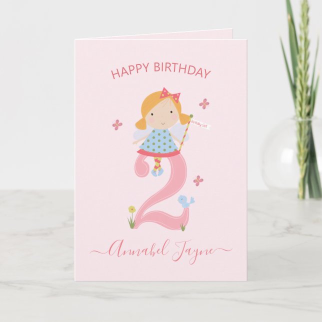 Whimsical 2nd, birthday fairy, girls cute pink card (Front)