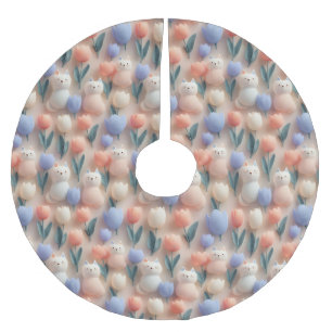 Whimsical 3D Cat and Tulip Seamless Pattern Brushed Polyester Tree Skirt