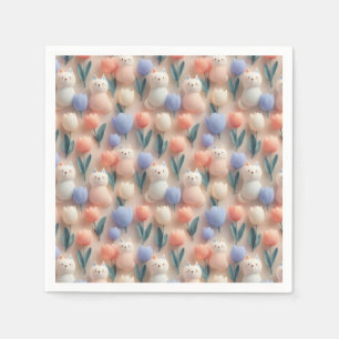 Whimsical 3D Cat and Tulip Seamless Pattern Napkins