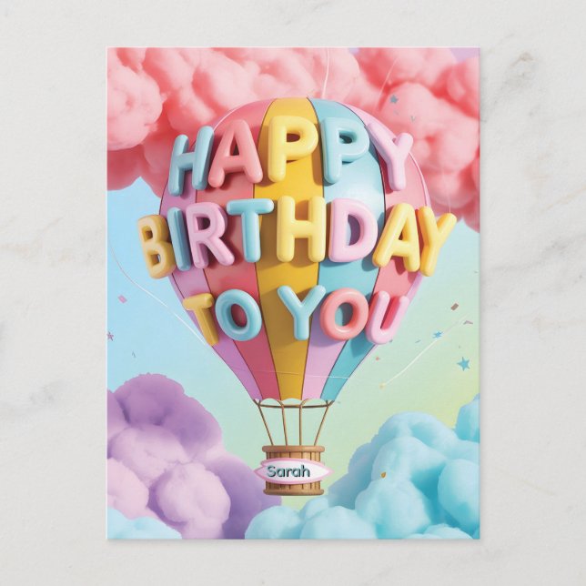 Whimsical 3D "Happy Birthday" Hot Air Balloon Postcard (Front)