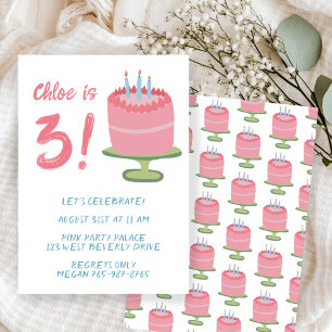 Whimsical 3rd Birthday Cake Kids Party Custom Invitation