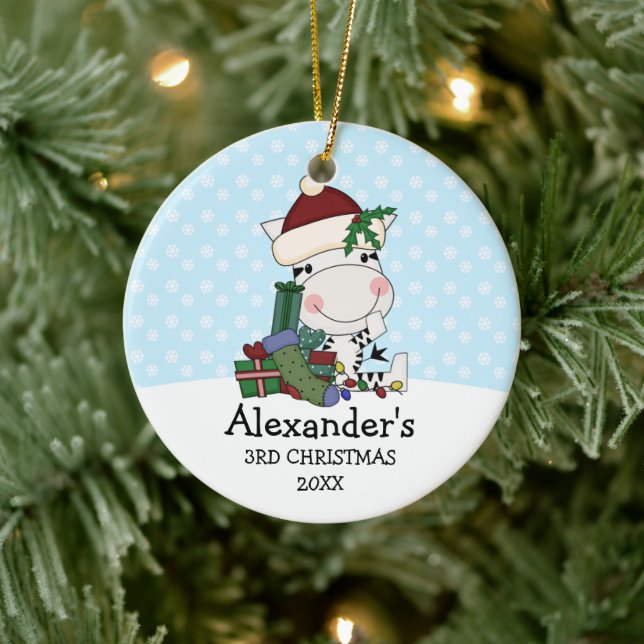 Whimsical 3rd Christmas Santa Zebra Personalized Ceramic Ornament (Tree)