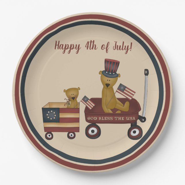 Whimsical 4th of July Teddy Bear On Parade Paper Plates (Front)