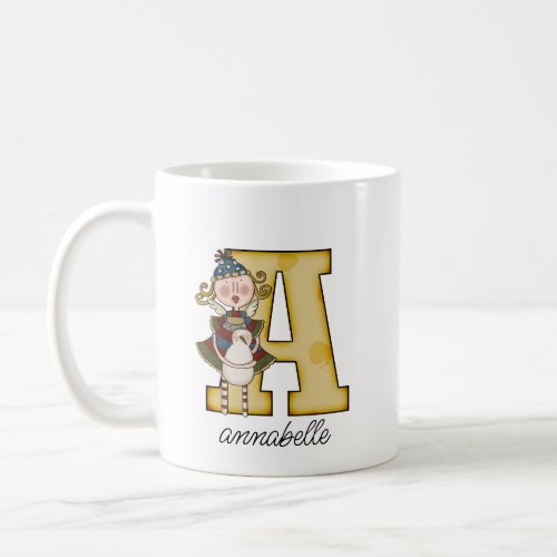Whimsical A Letter with Snow Angel and Name  Coffee Mug