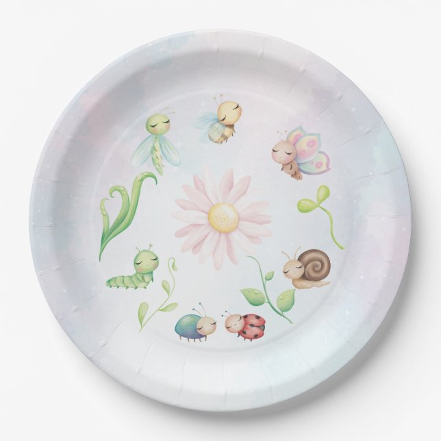 Whimsical A Little Love Bug Rainbow Bridal Shower Paper Plates (Front)