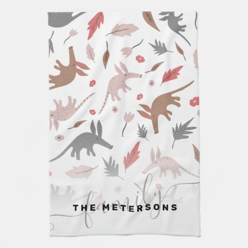 Whimsical aardvark pink brown pattern illustration kitchen towel