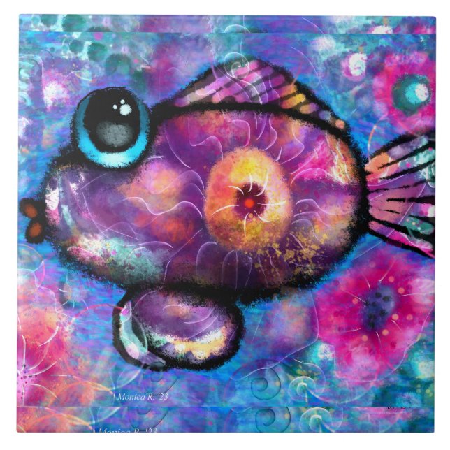 Whimsical Abstract Big-Eye Fish Purple Teal Pink Ceramic Tile (Front)