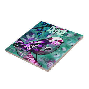 Whimsical Abstract Bird Floral Personalized Ceramic Tile