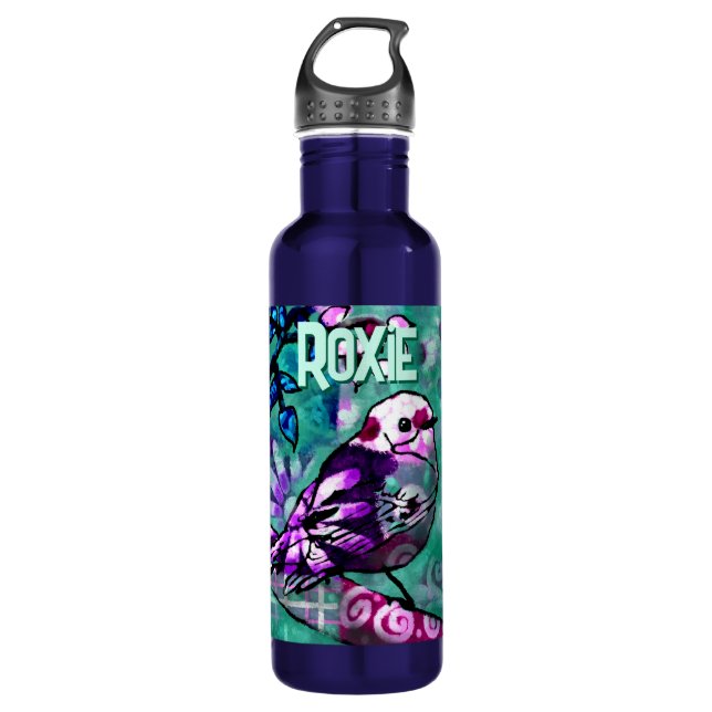 Whimsical Abstract Bird Floral Personalized Stainless Steel Water Bottle (Front)