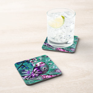 Whimsical Abstract Bird Floral Teal Purple Beverage Coaster