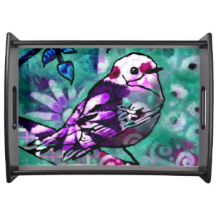 Whimsical Abstract Bird Floral Teal Purple Serving Tray