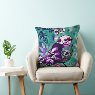 Whimsical Abstract Bird Floral Teal Purple Throw Pillow