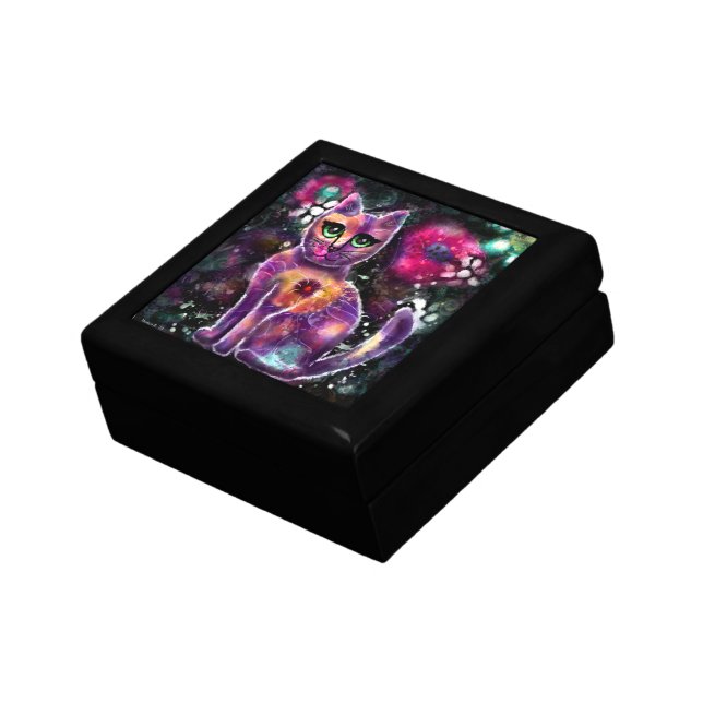Whimsical Abstract Cat Art Floral Purple Black Gift Box (Side)