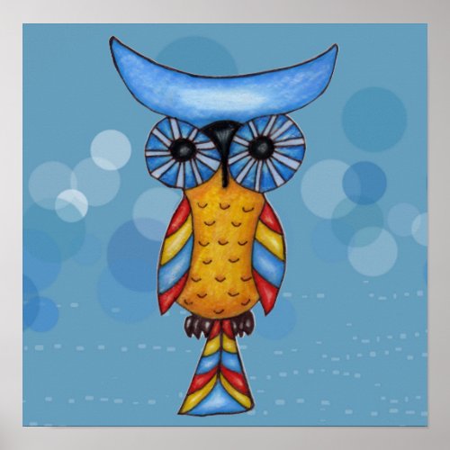 Whimsical Abstract Colorful Owl blue Circles Poster