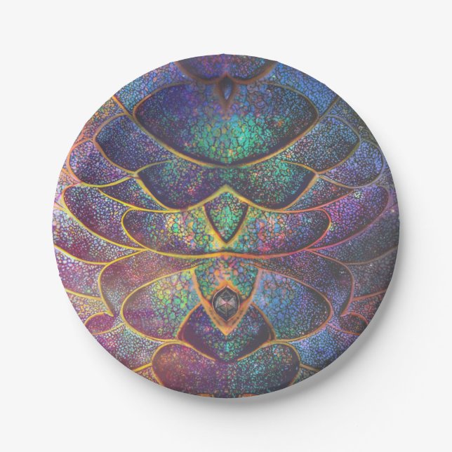 Whimsical Abstract Dragon Scales Cool Fractal Art Paper Plates (Front)