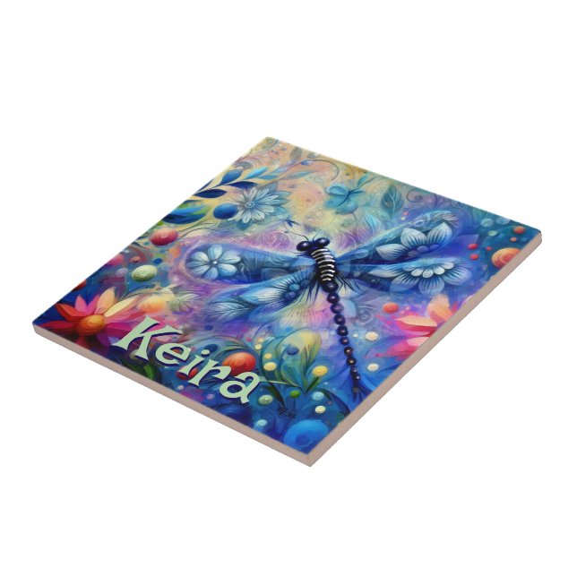 Whimsical Abstract Dragonfly Floral Personalized Ceramic Tile (Side)