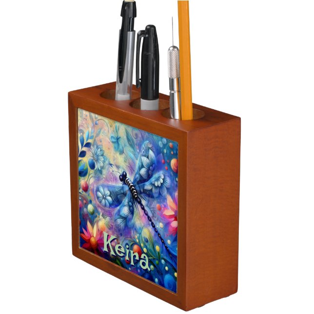 Whimsical Abstract Dragonfly Floral Personalized Desk Organizer (In Situ)