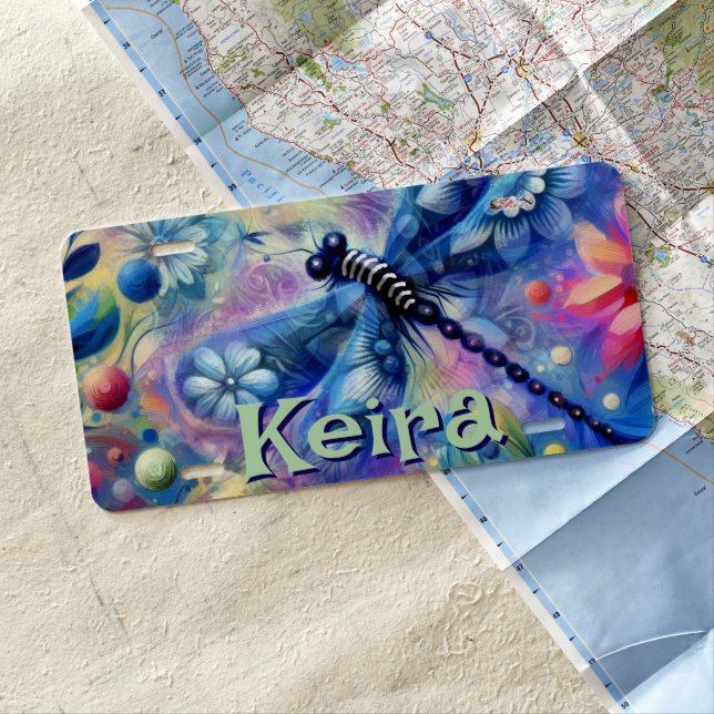 Whimsical Abstract Dragonfly Floral Personalized License Plate (In Situ)