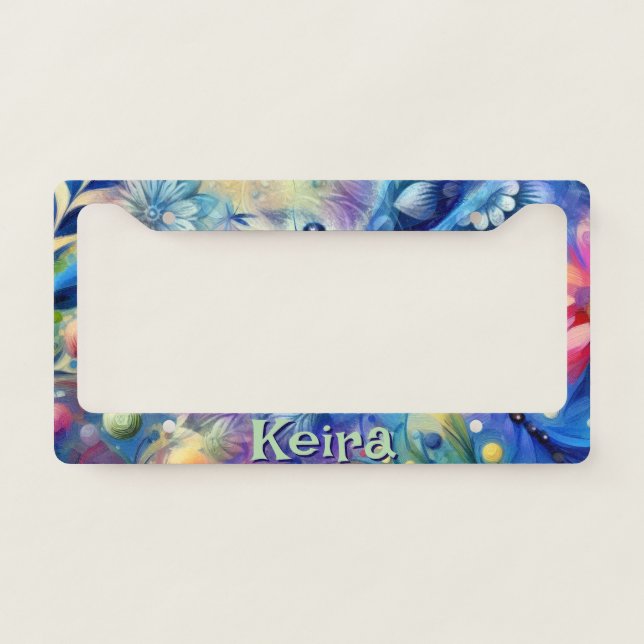 Whimsical Abstract Dragonfly Floral Personalized License Plate Frame (Front)