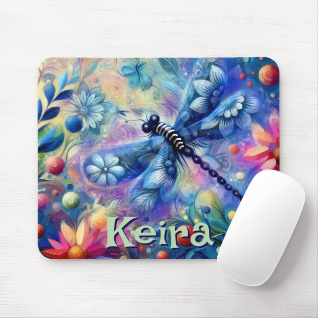 Whimsical Abstract Dragonfly Floral Personalized Mouse Pad (With Mouse)