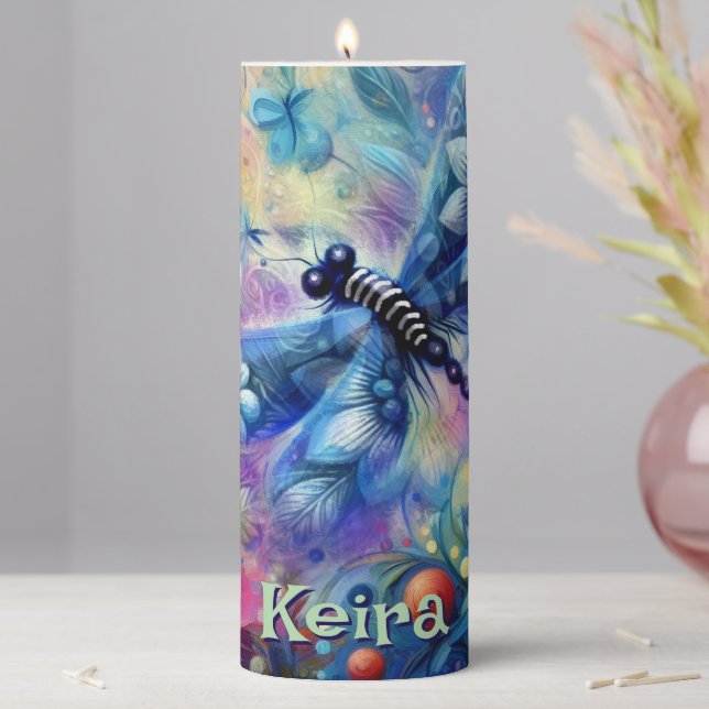 Whimsical Abstract Dragonfly Floral Personalized Pillar Candle (In Situ)