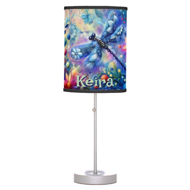 Whimsical Abstract Dragonfly Floral Personalized Table Lamp (Front)