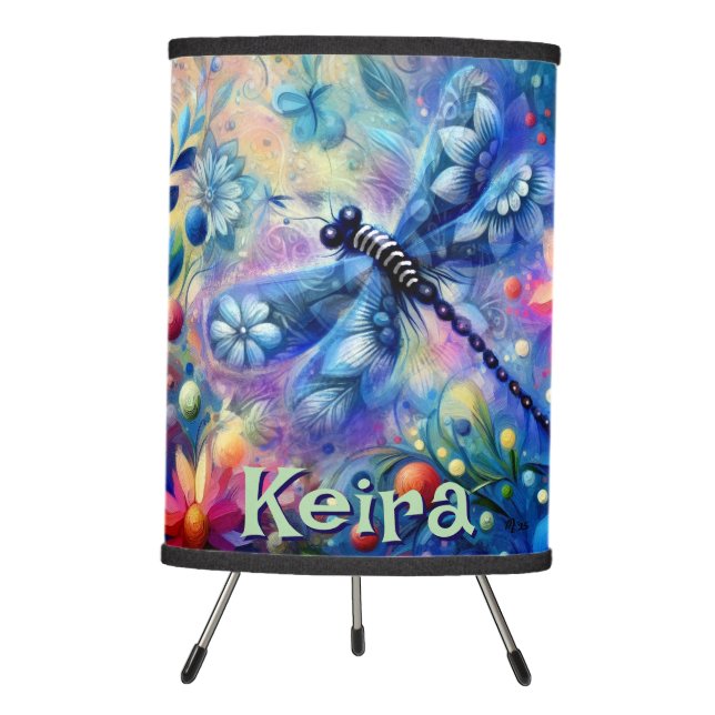 Whimsical Abstract Dragonfly Floral Personalized Tripod Lamp (Front)