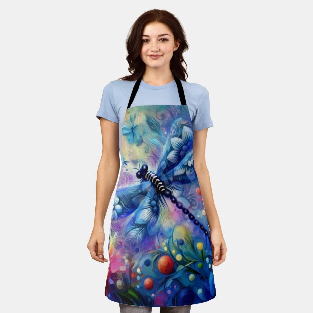 Whimsical Abstract Dragonfly Floral Teal Blue Pink Apron (Worn)
