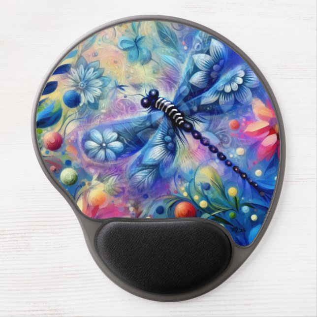 Whimsical Abstract Dragonfly Floral Teal Blue Pink Gel Mouse Pad (Front)