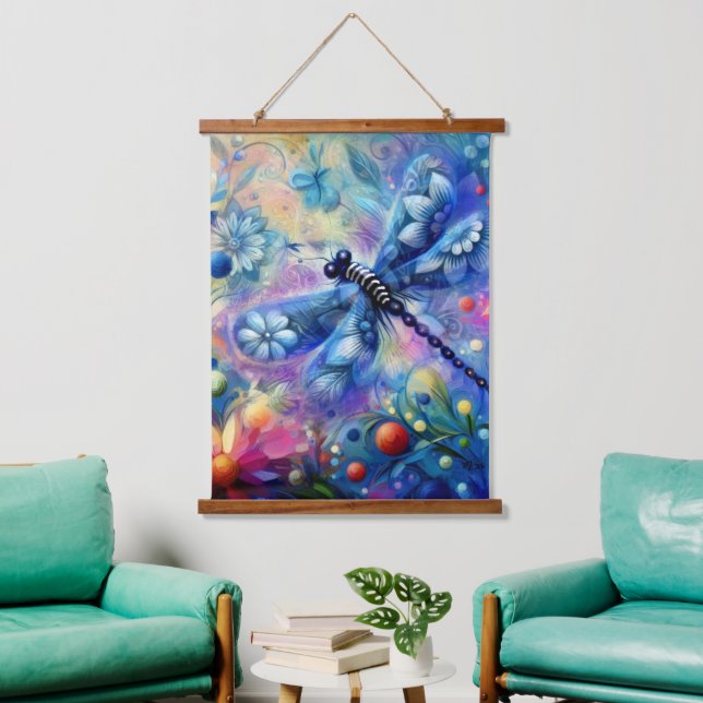 Whimsical Abstract Dragonfly Floral Teal Blue Pink Hanging Tapestry (Living Room)