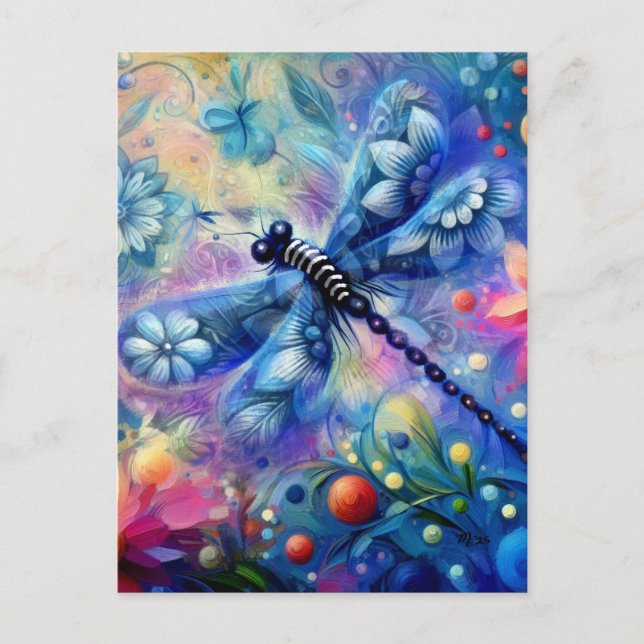 Whimsical Abstract Dragonfly Floral Teal Blue Pink Postcard (Front)